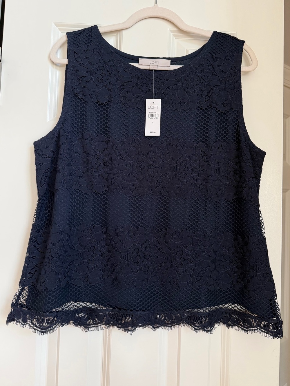 NWT LOFT Navy Blue Floral Sleeveless Blouse Tank Top Size L Lace Overlay Shell